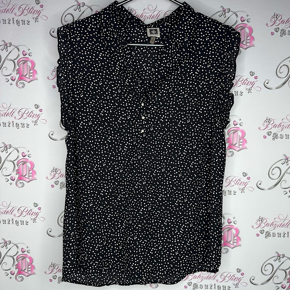 Anne Klein tank top buttons ruffle frill Black and White Polka Dot Top